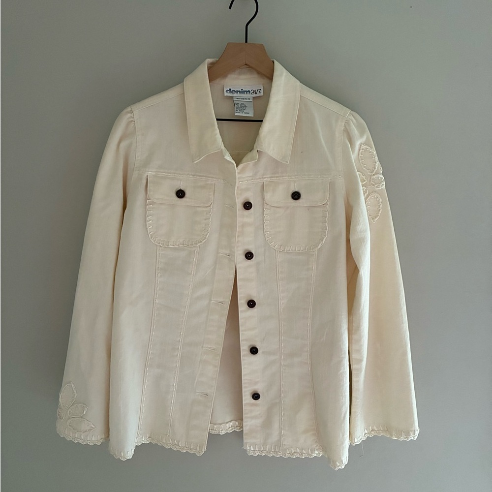 Denim 24/7 Off-White Crochet Embroidered Shabby Chic Western Denim Jacket